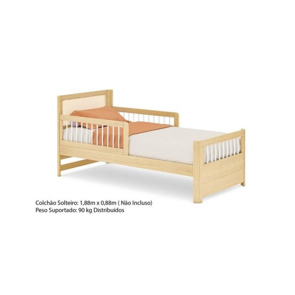 Encontraproduto.com.br - Cama Solteiro Wave Juvenil Reversível Led com Rattan, Grade de Proteção e Peseira Palito Casatema Branco/Natural