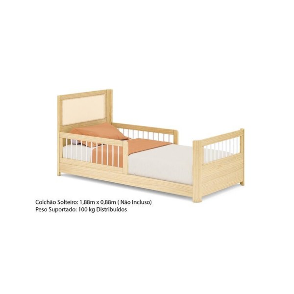 Encontraproduto.com.br - Cama Solteiro Wave Juvenil Reversível Led com Rattan, Grade de Proteção e Peseira Palito Casatema Branco/Natural