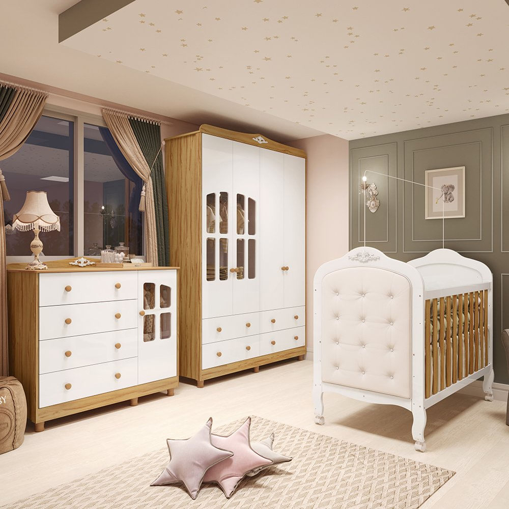 Encontraproduto.com.br - Quarto de Bebê Guarda-roupa e Cômoda com Janelas e Berço com Capitonê Maya Clássico Espresso Móveis Branco Brilho/Amêndoa/Branco