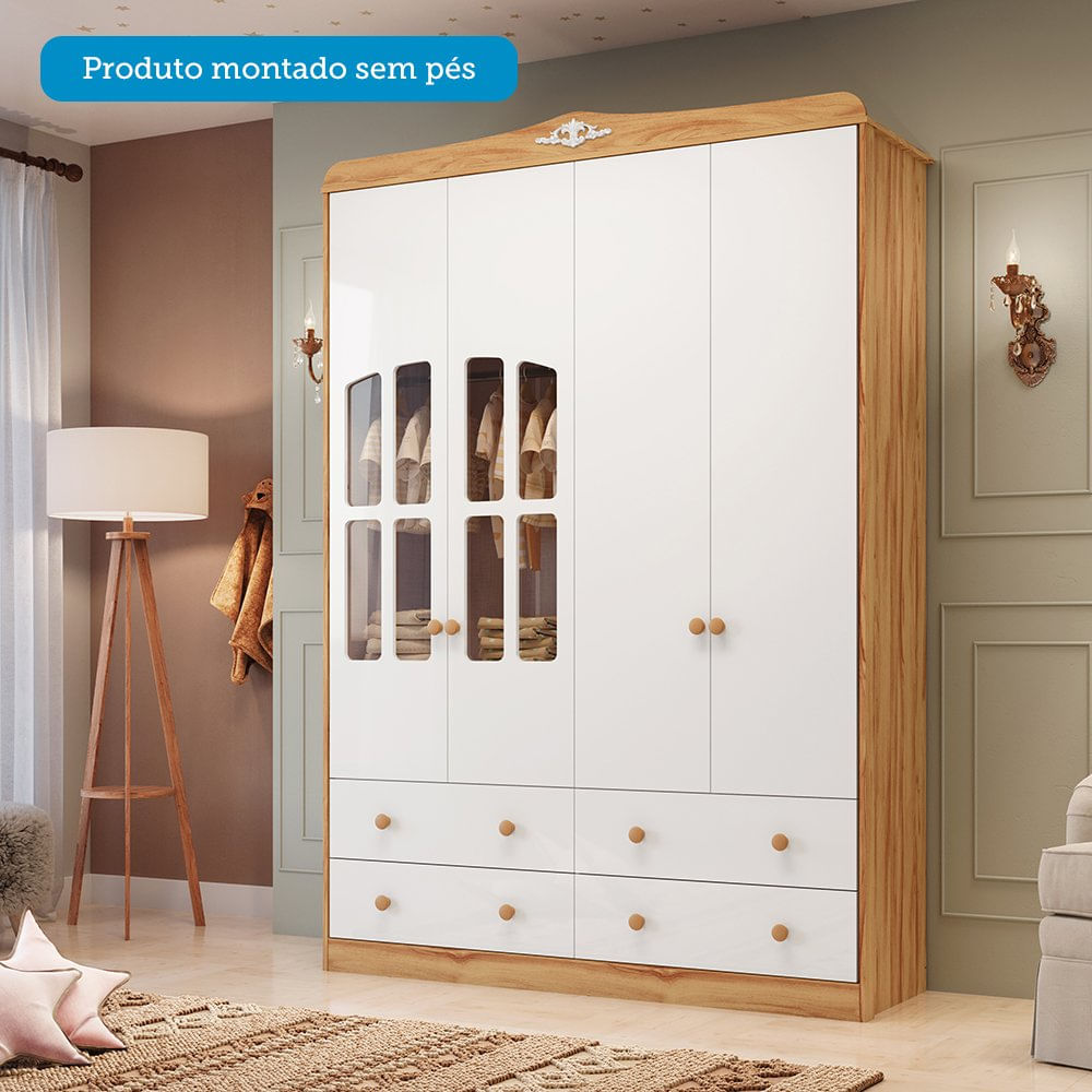 Encontraproduto.com.br - Quarto de Bebê Guarda-roupa e Cômoda com Janelas e Berço com Capitonê Maya Clássico Espresso Móveis Branco Brilho/Amêndoa/Branco