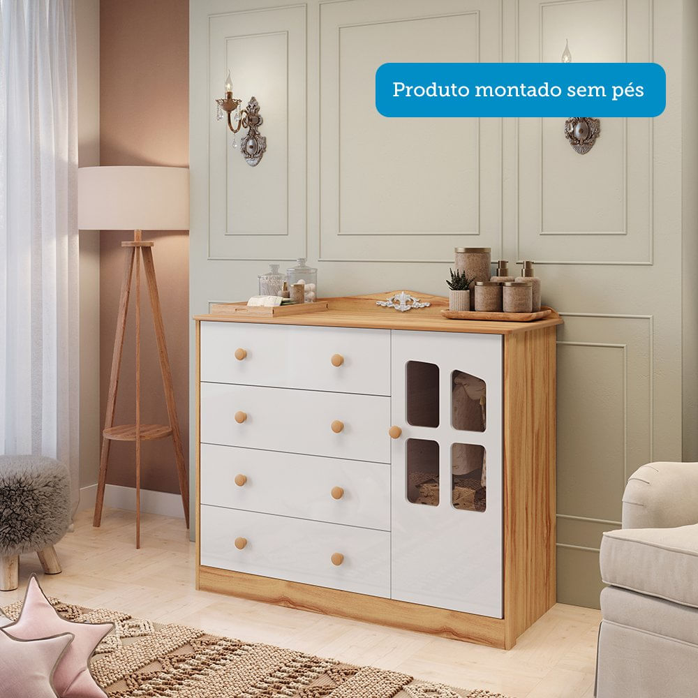Encontraproduto.com.br - Quarto de Bebê Guarda-roupa e Cômoda com Janelas e Berço com Capitonê Maya Clássico Espresso Móveis Branco Brilho/Amêndoa/Branco
