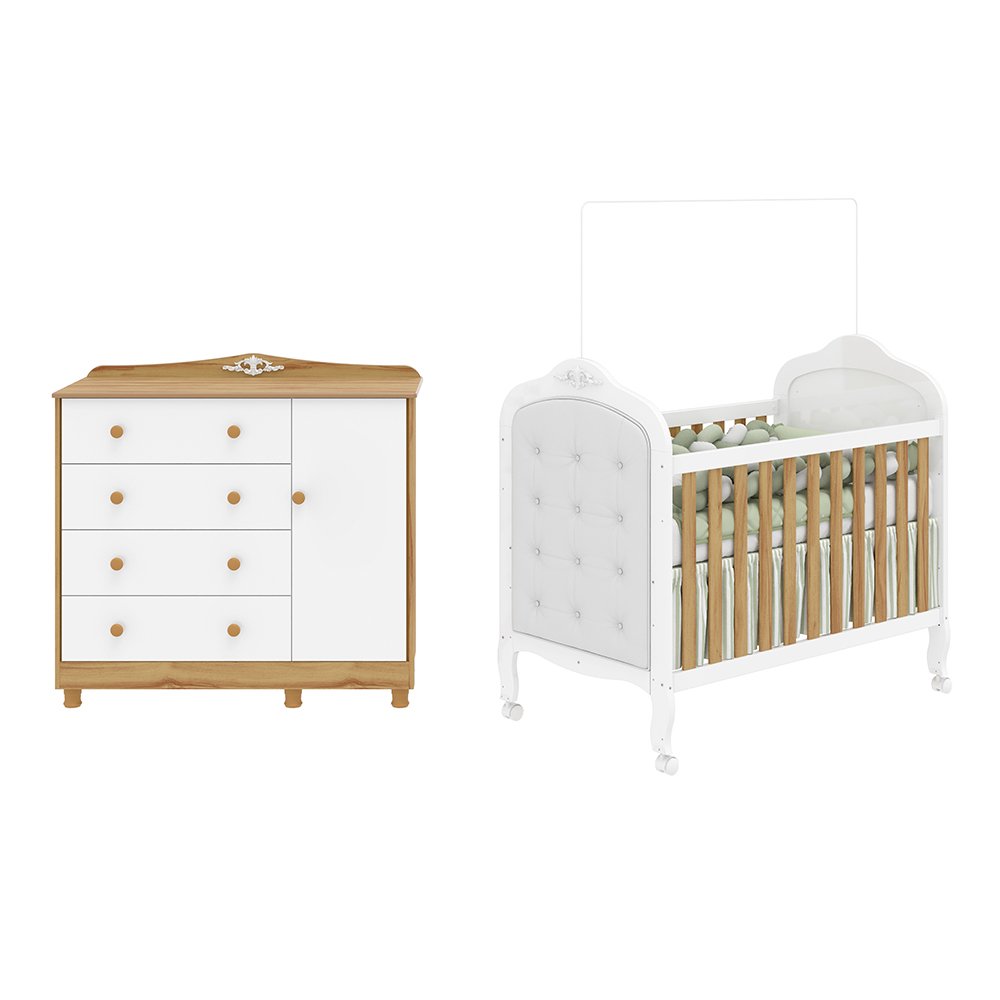 Encontraproduto.com.br - Quarto de Bebê com Cômoda 1 Porta 4 Gavetas e Berço Capitonê 100% Mdf Maya Clássico Espresso Móveis Branco Brilho/Amêndoa/Branco