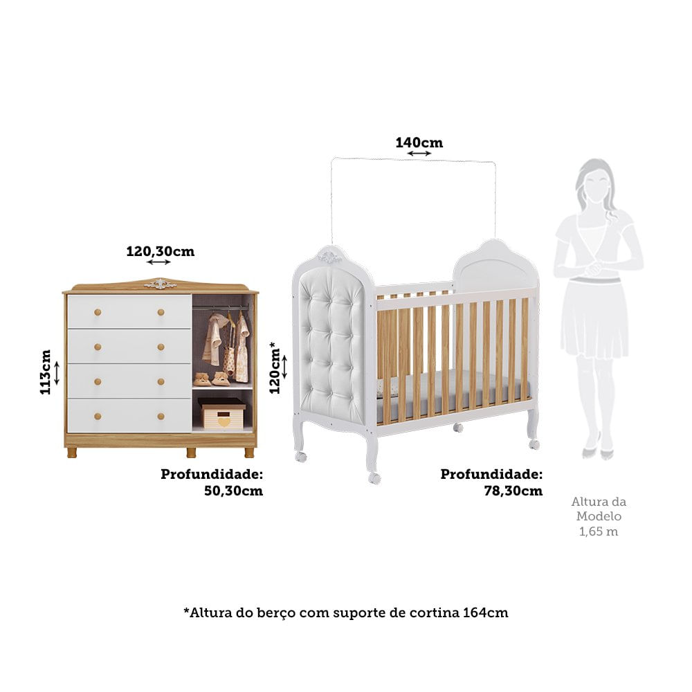 Encontraproduto.com.br - Quarto de Bebê com Cômoda 1 Porta 4 Gavetas e Berço Capitonê 100% Mdf Maya Clássico Espresso Móveis Branco Brilho/Amêndoa/Branco