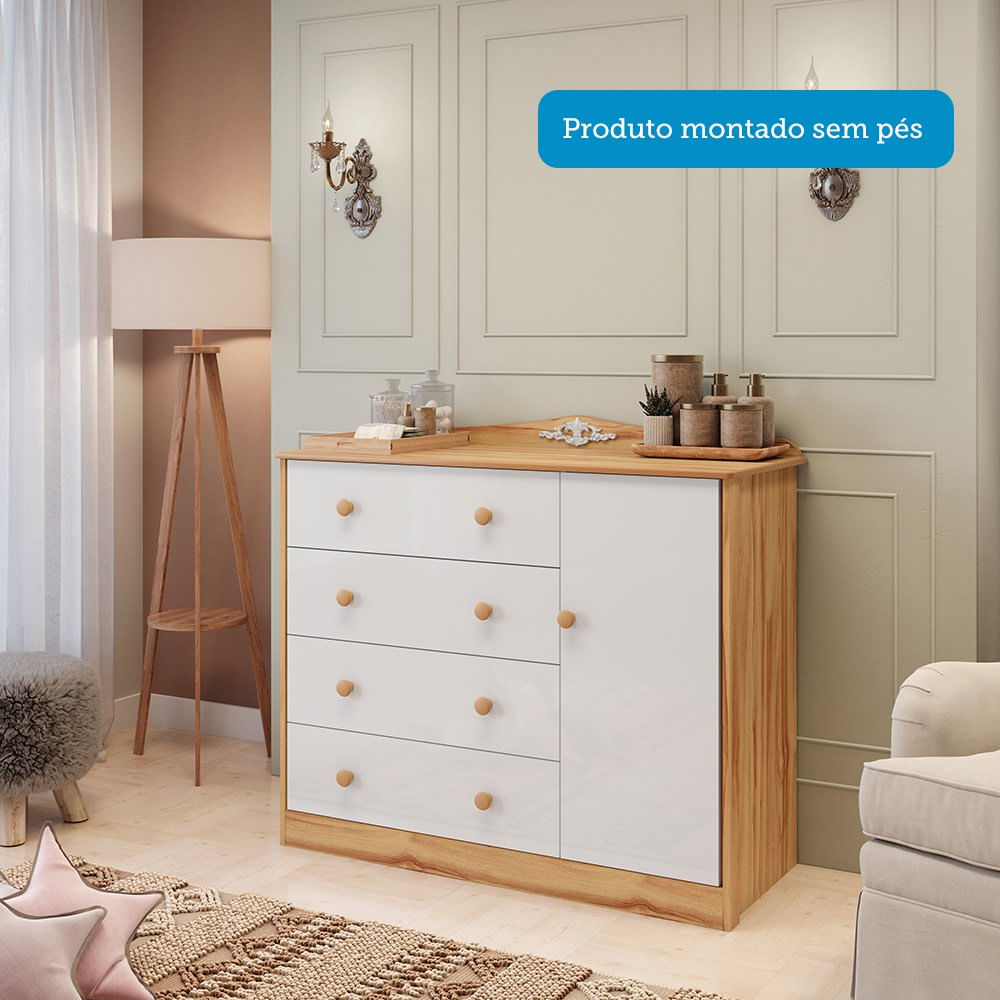 Encontraproduto.com.br - Quarto de Bebê com Cômoda 1 Porta 4 Gavetas e Berço Capitonê 100% Mdf Maya Clássico Espresso Móveis Branco Brilho/Amêndoa/Branco