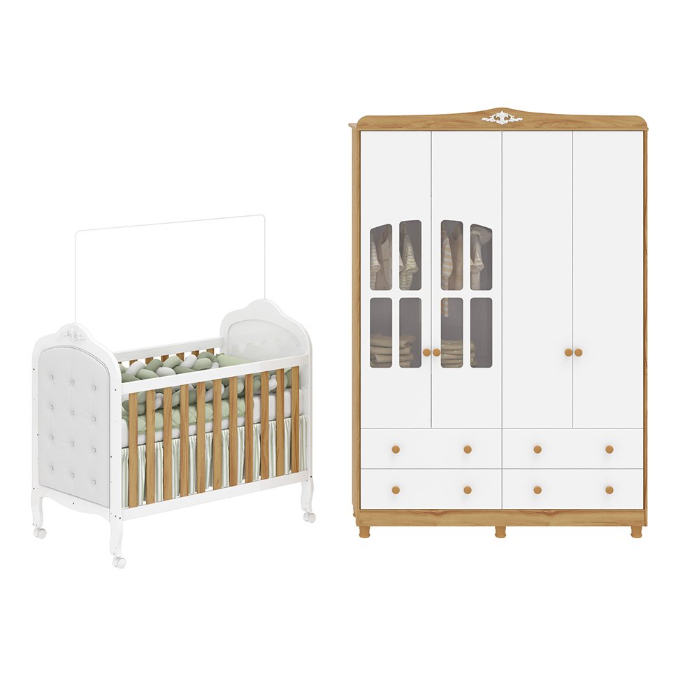 Quarto de Bebê Guarda-roupa com Janelas e Berço com Capitonê Maya Clássico 100% Mdf Espresso Móveis Branco Brilho/Amêndoa/Branco