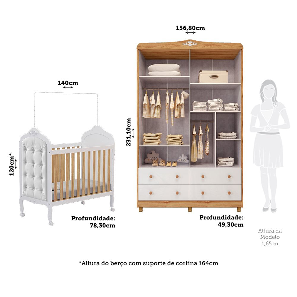 Encontraproduto.com.br - Quarto de Bebê Guarda-roupa com Janelas e Berço com Capitonê Maya Clássico 100% Mdf Espresso Móveis Branco Brilho/Amêndoa/Branco