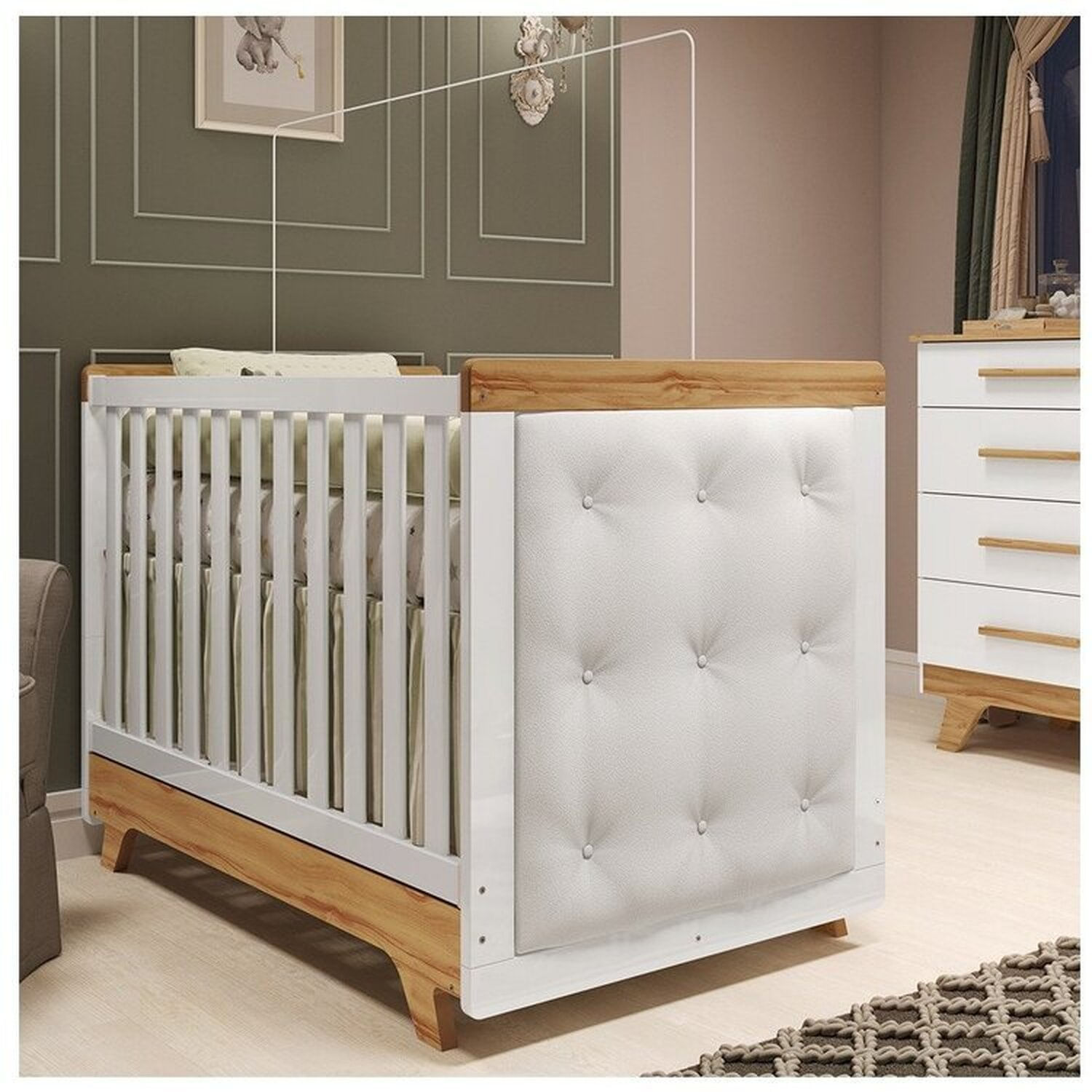 Encontraproduto.com.br - Berço Minicama com Capitonê 100% Mdf Retrô Kakau Espresso Móveis Branco Brilho/Amêndoa/Branco