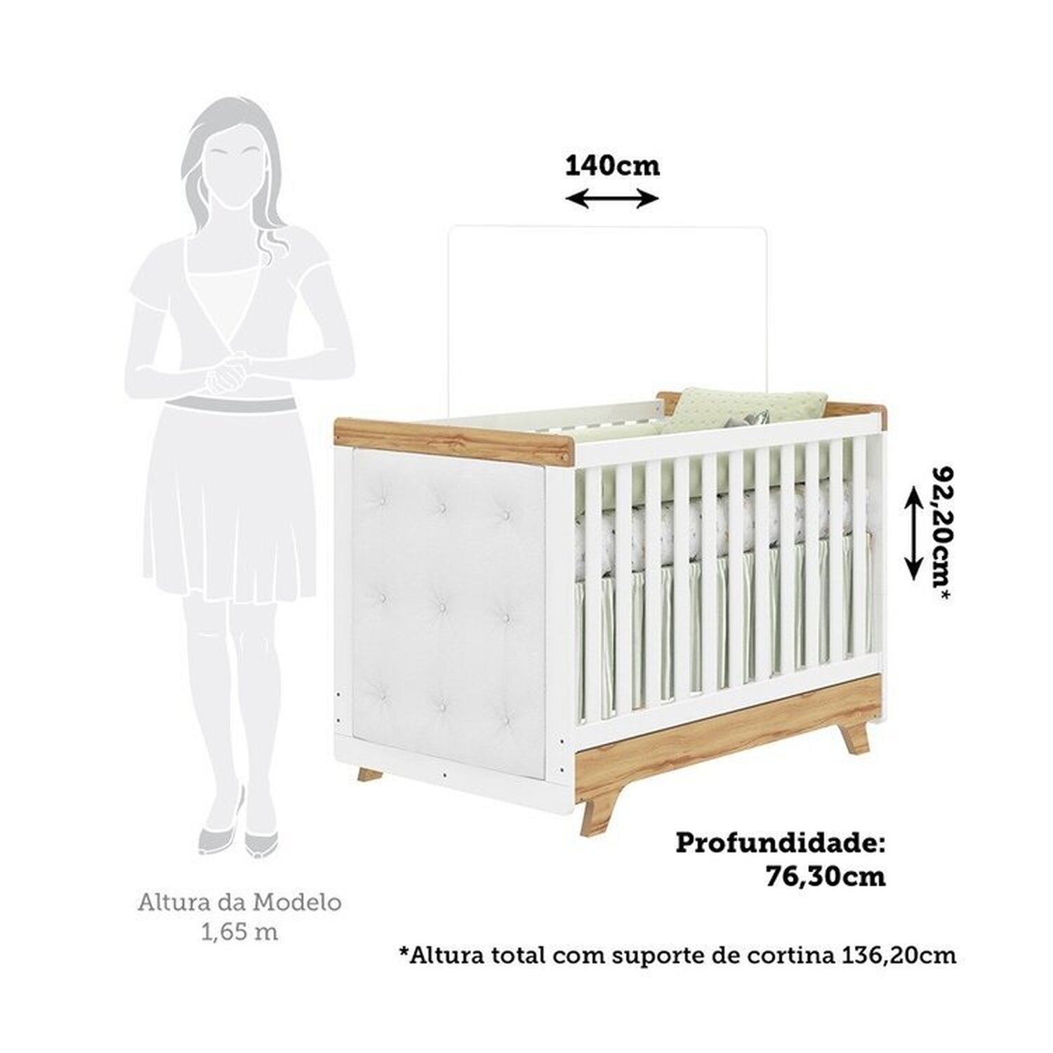Berço Minicama com Capitonê 100% Mdf Retrô Kakau Espresso Móveis Branco Brilho/Amêndoa/Branco