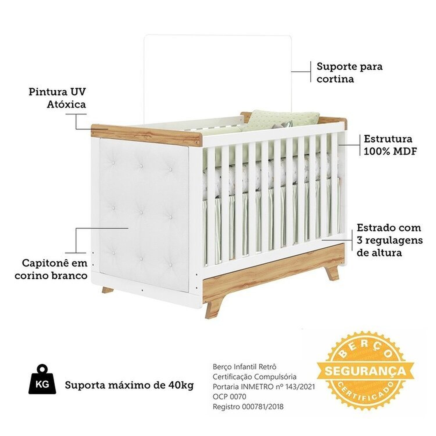 Encontraproduto.com.br - Berço Minicama com Capitonê 100% Mdf Retrô Kakau Espresso Móveis Branco Brilho/Amêndoa/Branco