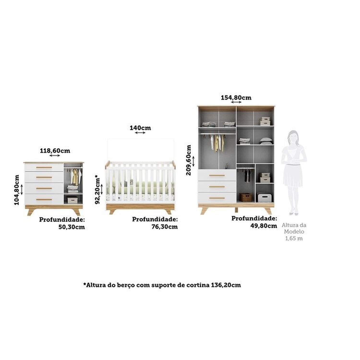 Encontraproduto.com.br - Quarto de Bebê Berço Capitonê Guarda-roupa e Cômoda com Janelas 100% Mdf Retrô Kakau Espresso Móveis Branco Brilho/Amêndoa/Branco