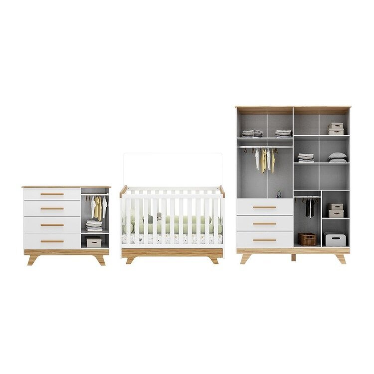 Quarto de Bebê Berço com Capitonê Guarda-roupa e Cômoda 100% Mdf Retrô Kakau Espresso Móveis Branco Brilho/Amêndoa/Branco