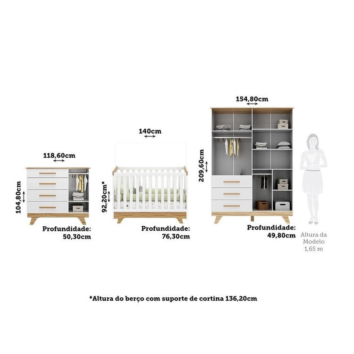 Encontraproduto.com.br - Quarto de Bebê Berço com Capitonê Guarda-roupa e Cômoda 100% Mdf Retrô Kakau Espresso Móveis Branco Brilho/Amêndoa/Branco