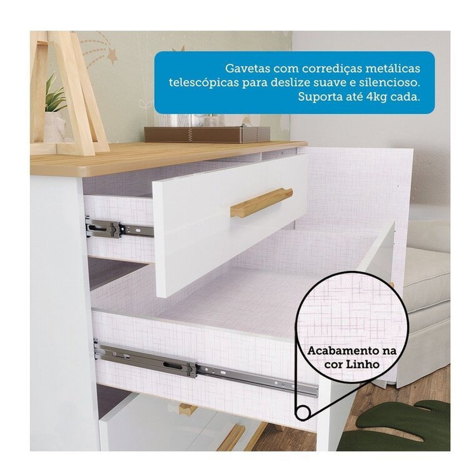 Encontraproduto.com.br - Quarto de Bebê Berço com Capitonê Guarda-roupa e Cômoda 100% Mdf Retrô Kakau Espresso Móveis Branco Brilho/Amêndoa/Branco