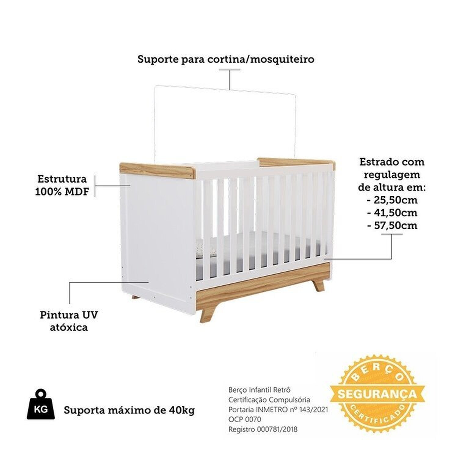 Encontraproduto.com.br - Quarto de Bebê com Berço e Guarda-roupa com Janelas 100% Mdf Retrô Kakau Espresso Móveis Branco Brilho/Amêndoa