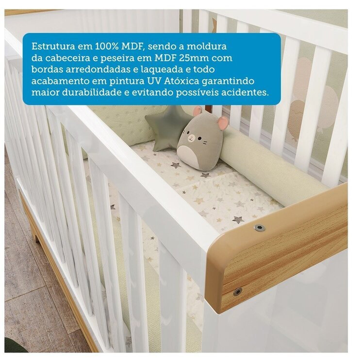 Encontraproduto.com.br - Quarto de Bebê com Berço e Guarda-roupa com Janelas 100% Mdf Retrô Kakau Espresso Móveis Branco Brilho/Amêndoa
