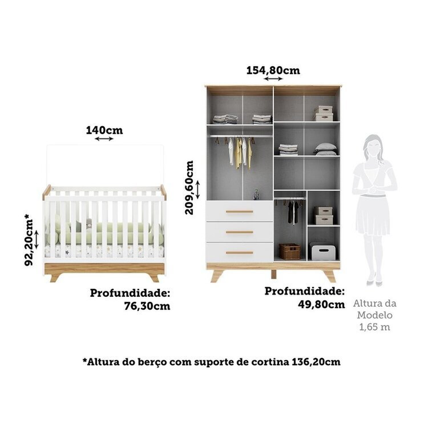 Encontraproduto.com.br - Quarto de Bebê Berço com Capitonê e Guarda-roupa com Janelas 100% Mdf Retrô Kakau Espresso Móveis Branco Brilho/Amêndoa/Branco