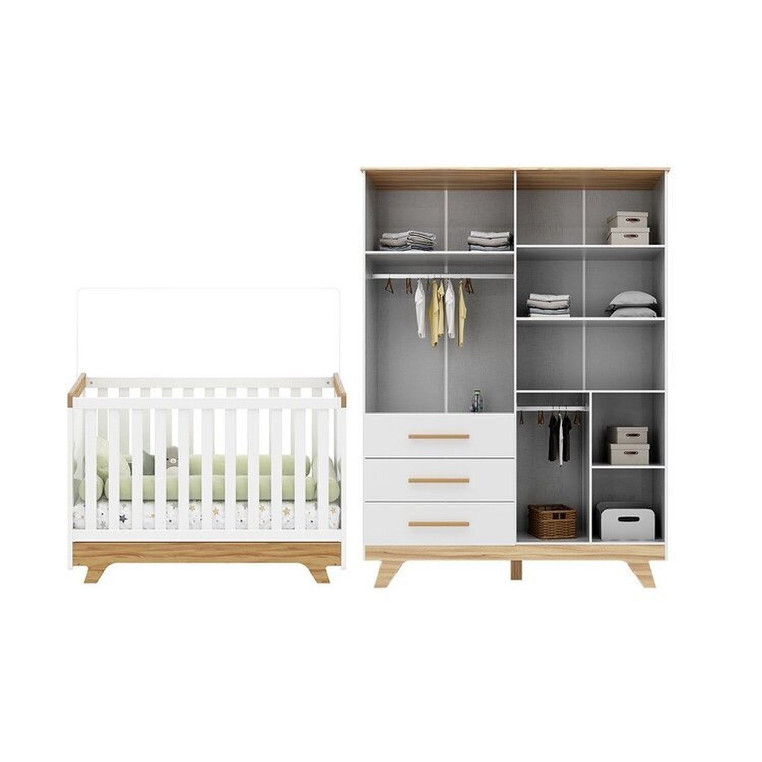 Encontraproduto.com.br - Quarto de Bebê Berço com Capitonê e Guarda-roupa 100% Mdf Retrô Kakau Espresso Móveis Branco Brilho/Amêndoa/Branco