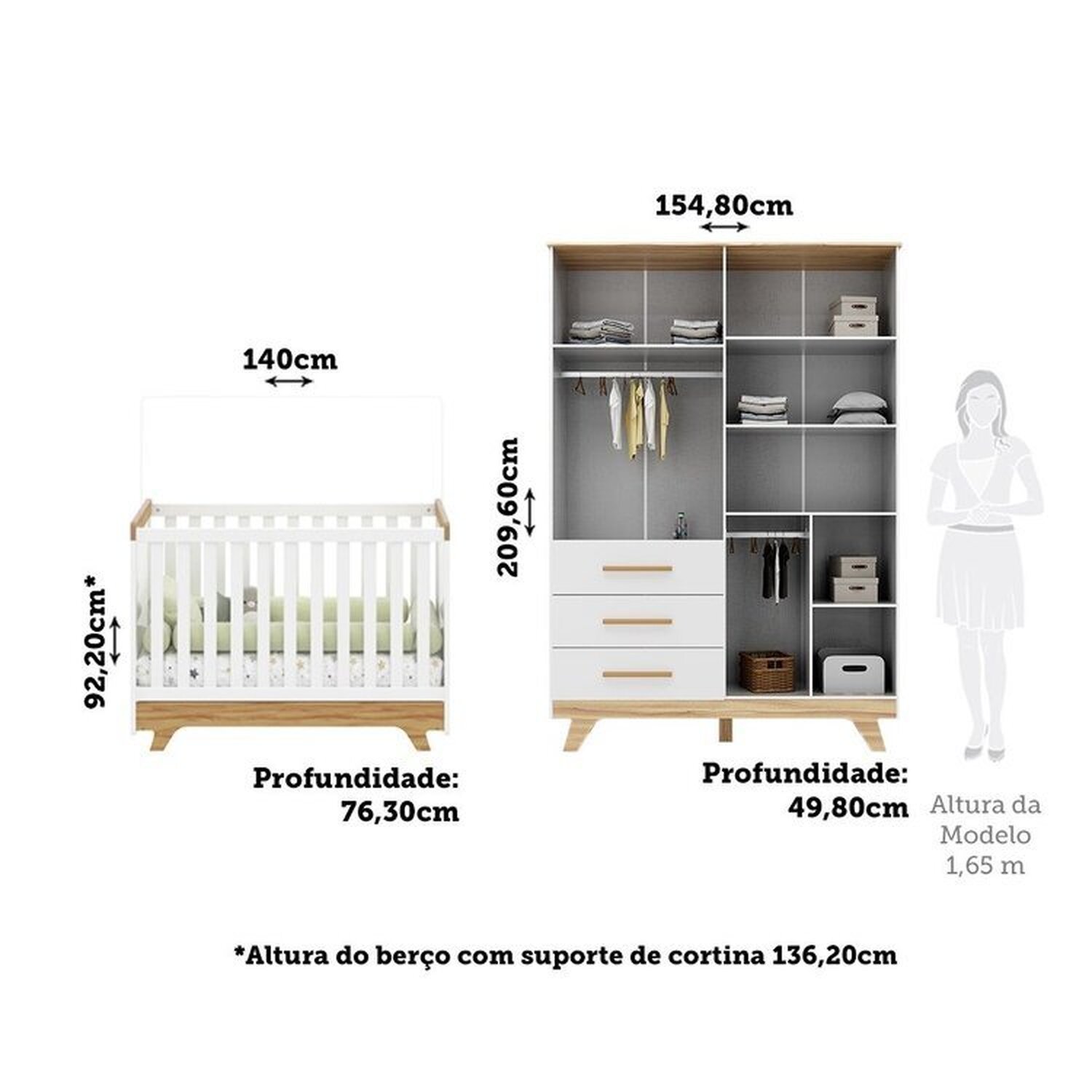 Encontraproduto.com.br - Quarto de Bebê Berço com Capitonê e Guarda-roupa 100% Mdf Retrô Kakau Espresso Móveis Branco Brilho/Amêndoa/Branco