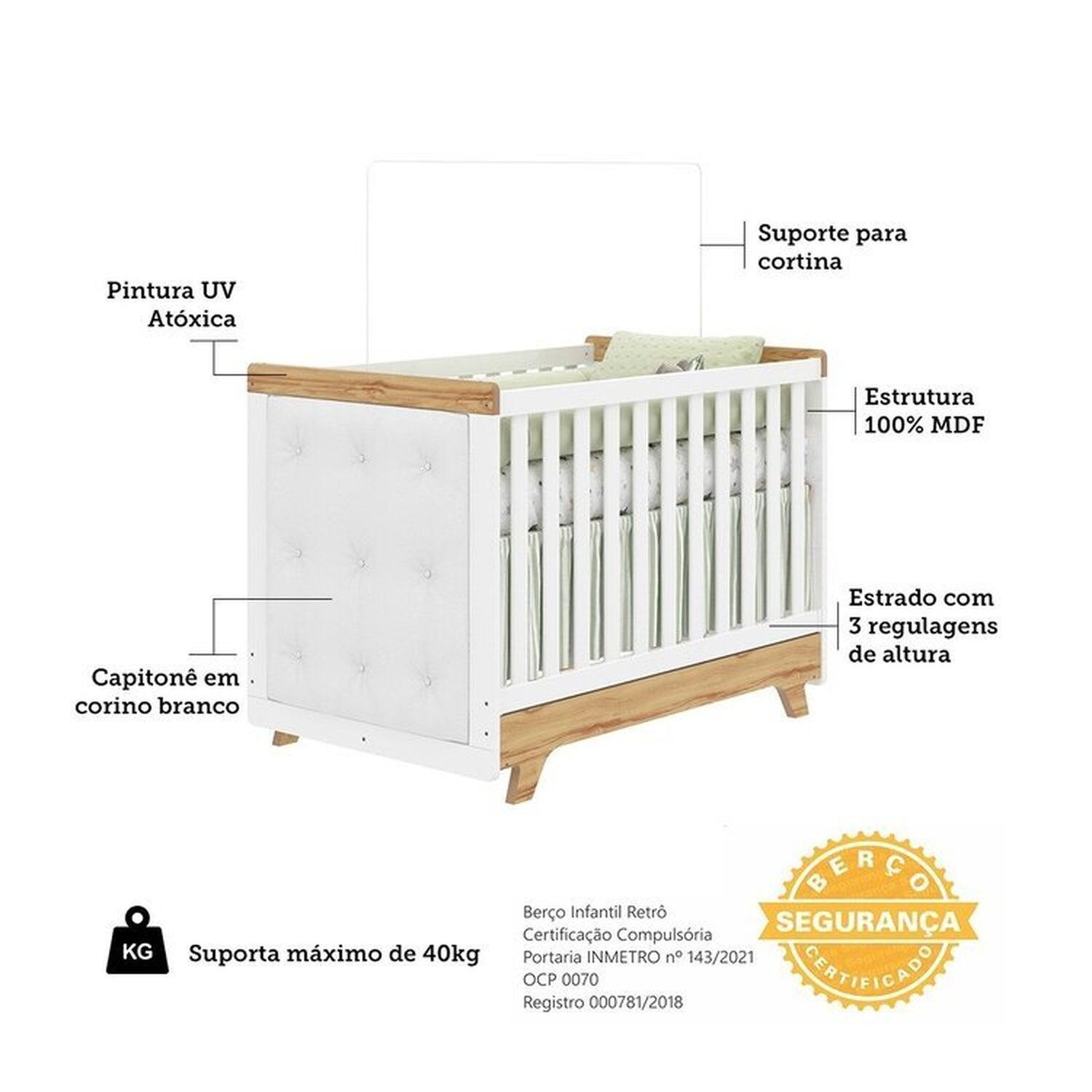 Encontraproduto.com.br - Quarto de Bebê Berço com Capitonê e Guarda-roupa 100% Mdf Retrô Kakau Espresso Móveis Branco Brilho/Amêndoa/Branco