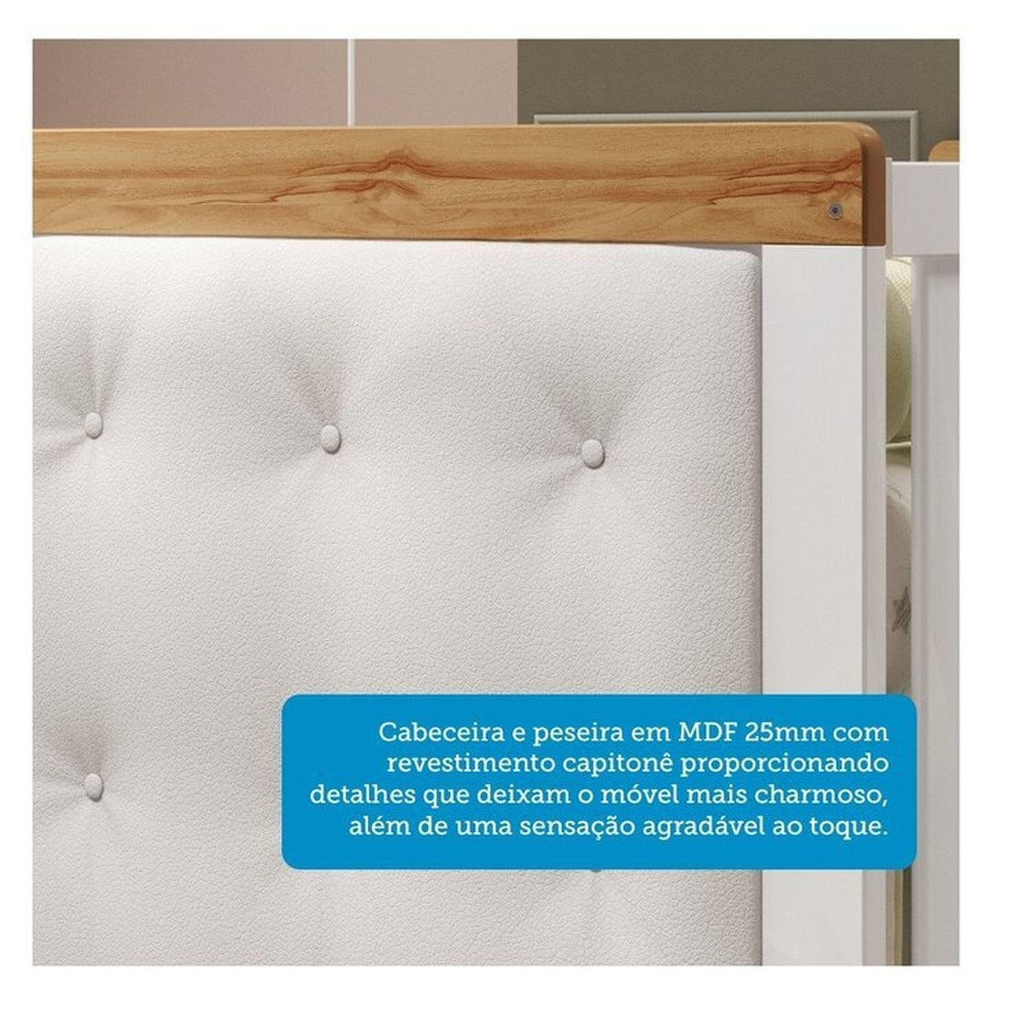 Encontraproduto.com.br - Quarto de Bebê Berço com Capitonê e Guarda-roupa 100% Mdf Retrô Kakau Espresso Móveis Branco Brilho/Amêndoa/Branco