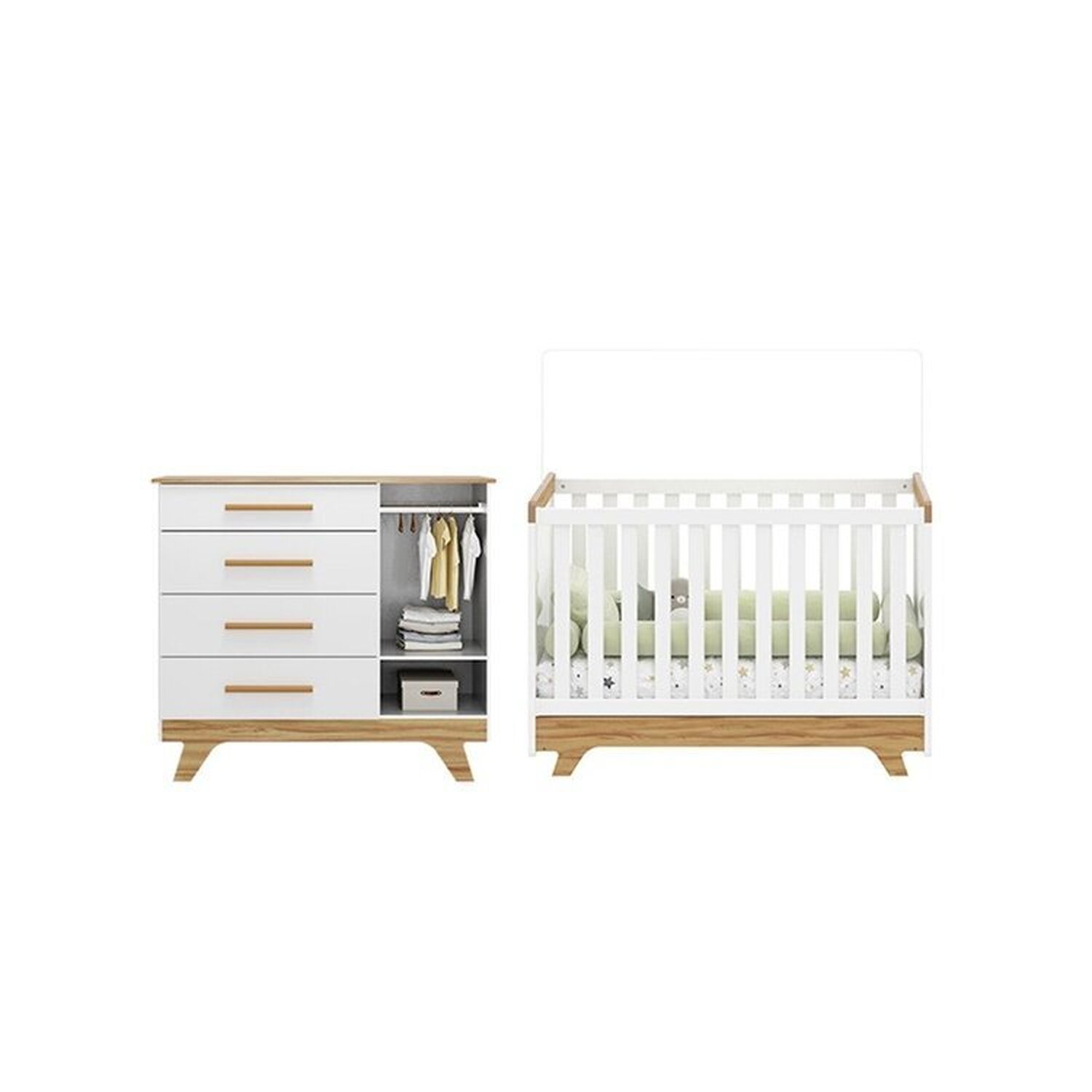 Encontraproduto.com.br - Quarto de Bebê Berço com Capitonê e Cômoda com Janelas 100% Mdf Retrô Kakau Espresso Móveis Branco Brilho/Amêndoa/Branco