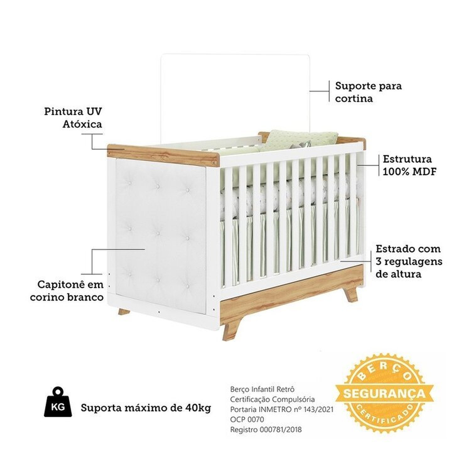 Encontraproduto.com.br - Quarto de Bebê Berço com Capitonê e Cômoda com Janelas 100% Mdf Retrô Kakau Espresso Móveis Branco Brilho/Amêndoa/Branco