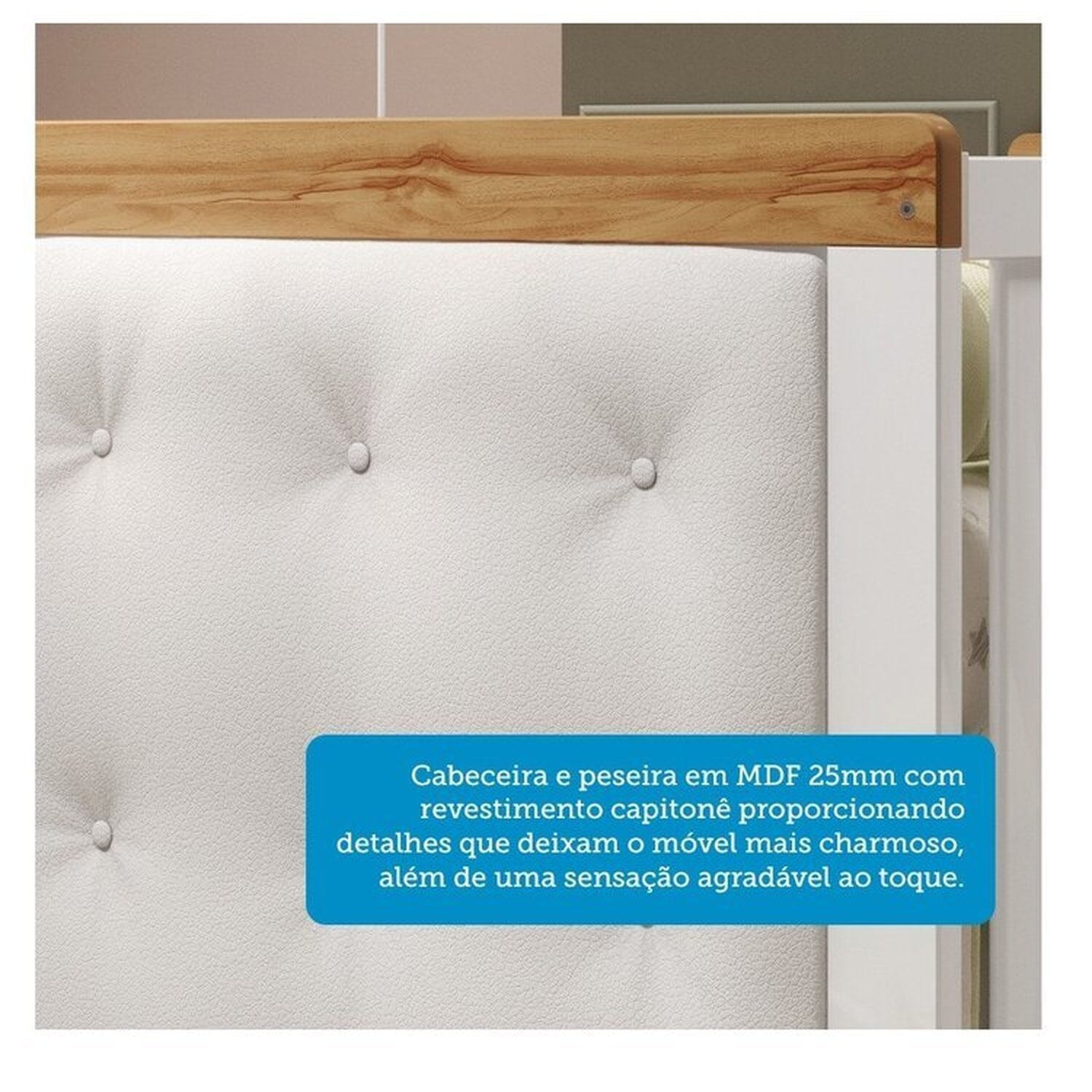 Encontraproduto.com.br - Quarto de Bebê Berço com Capitonê e Cômoda com Janelas 100% Mdf Retrô Kakau Espresso Móveis Branco Brilho/Amêndoa/Branco