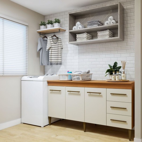 Lavanderia Modulada Balcão 3 Portas E 3 Gavetas Nova Iguaçu Nature Off White