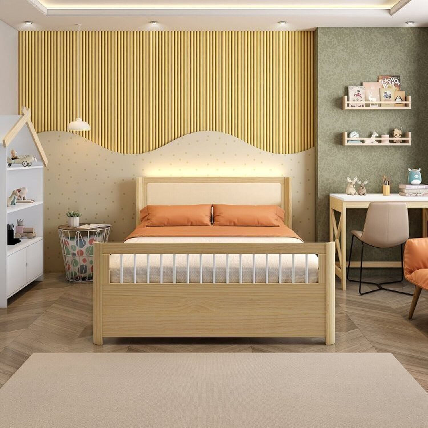 Encontraproduto.com.br - Conjunto Bicama Casal Reversível com Estante 4 Nichos em LED e Sapateira 1 Porta Infantil Wave Casatema Branco /natural