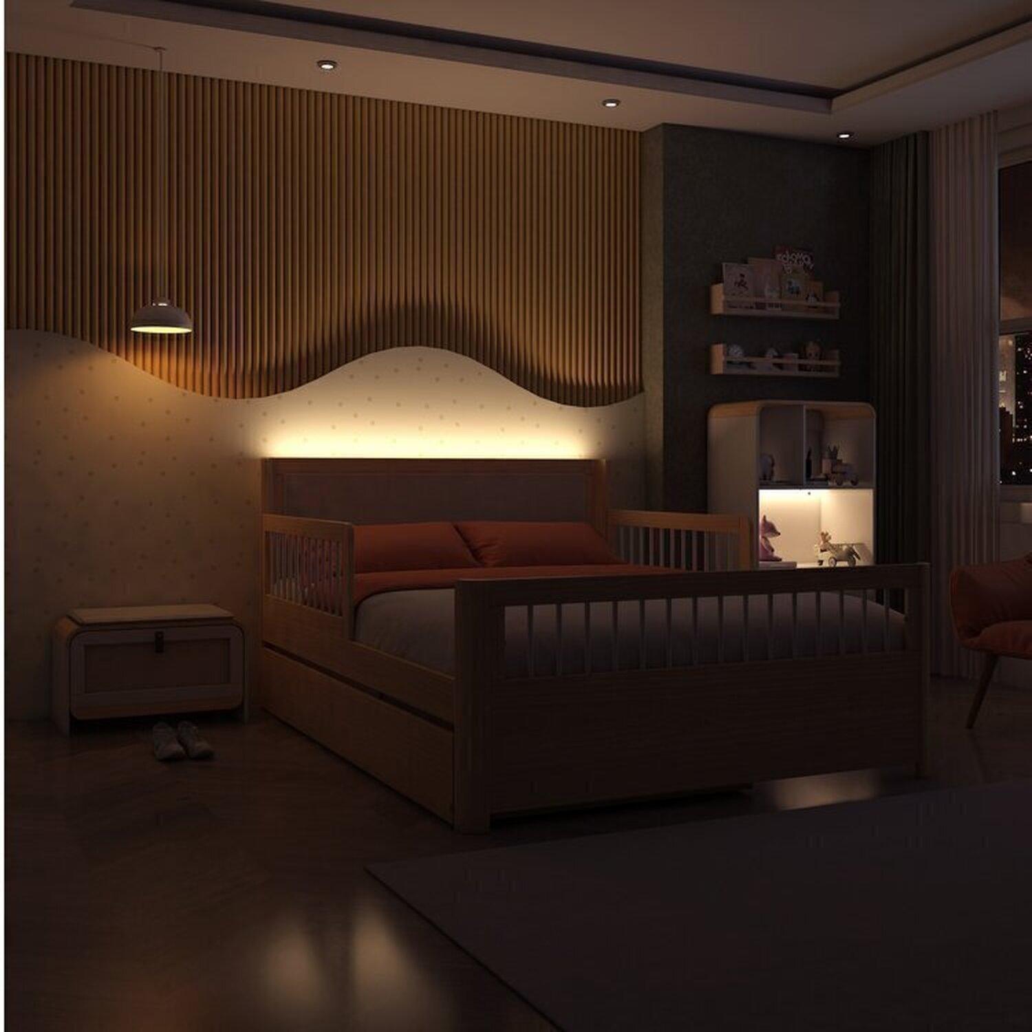 Encontraproduto.com.br - Conjunto Bicama Casal Reversível com Estante 4 Nichos em LED e Sapateira 1 Porta Infantil Wave Casatema Branco /natural