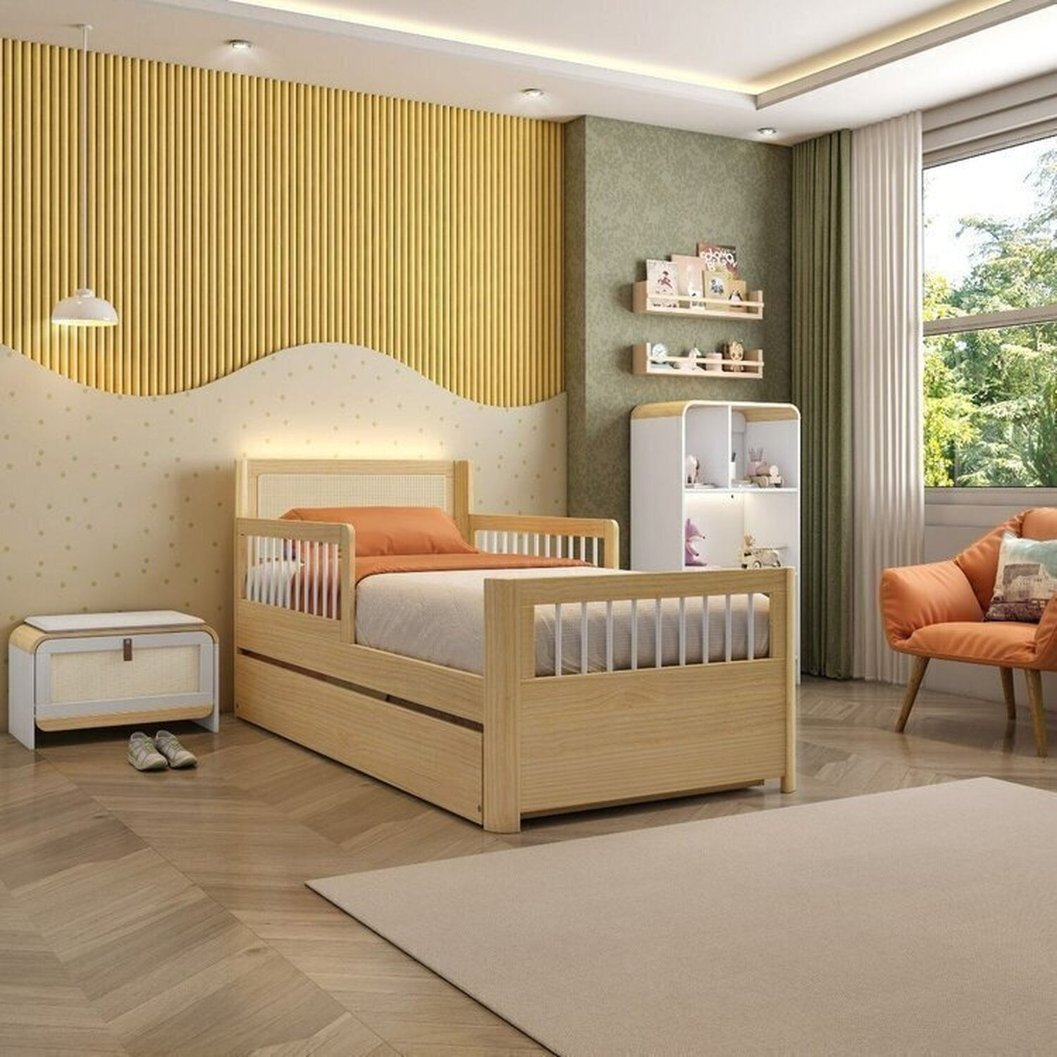 Conjunto Bicama Solteiro Reversível com Estante 4 Nichos em LED e Sapateira 1 PT Infantil Wave Casatema Branco/Natural