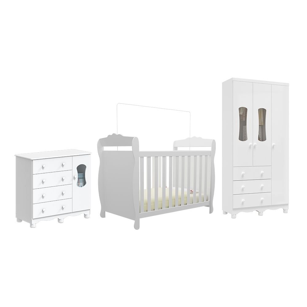 Encontraproduto.com.br - Quarto de Bebê Completo Guarda Roupas Cômoda com Janelas e Berço 100% Mdf Aurora Espresso Móveis Branco Brilho