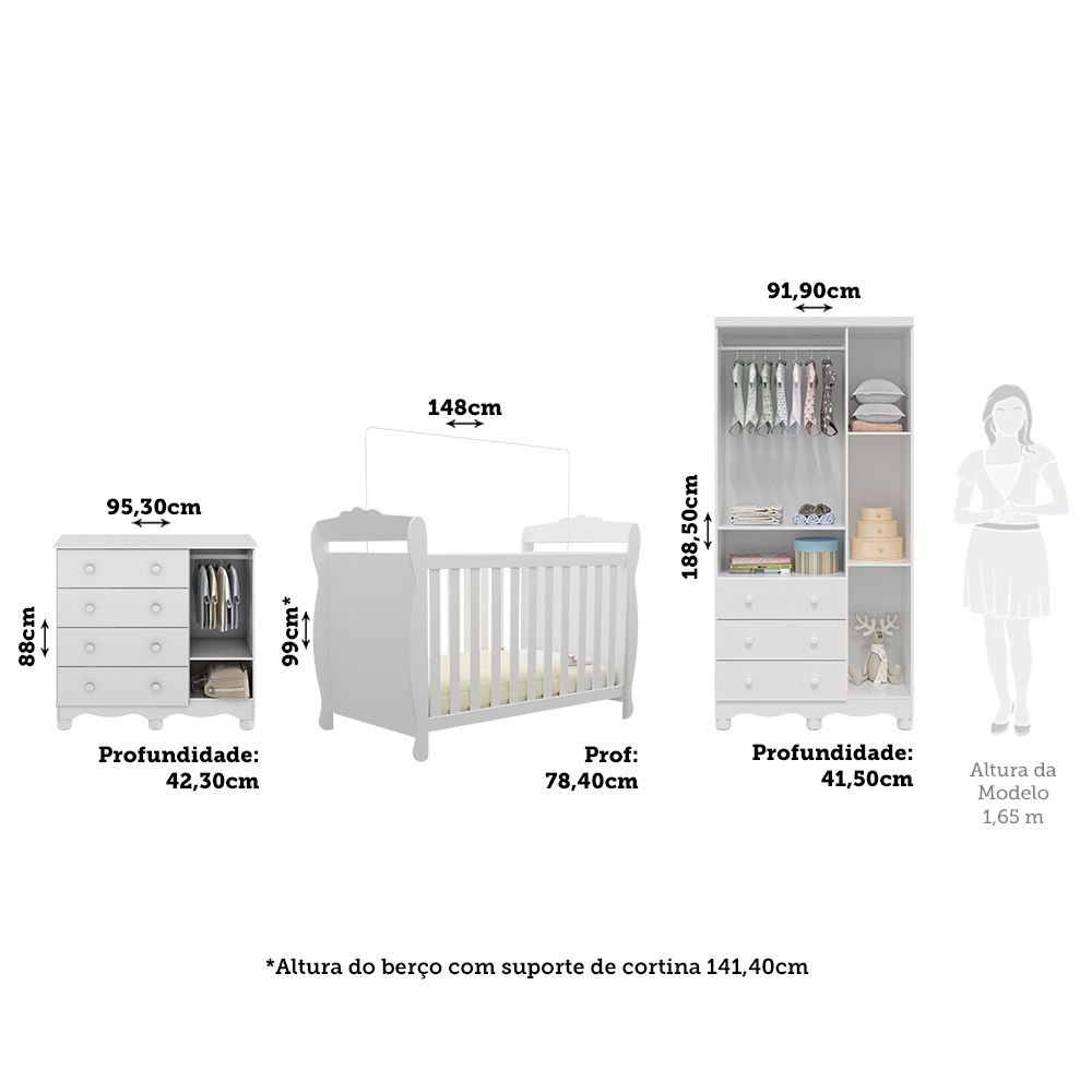 Encontraproduto.com.br - Quarto de Bebê Completo Guarda Roupas Cômoda com Janelas e Berço 100% Mdf Aurora Espresso Móveis Branco Brilho