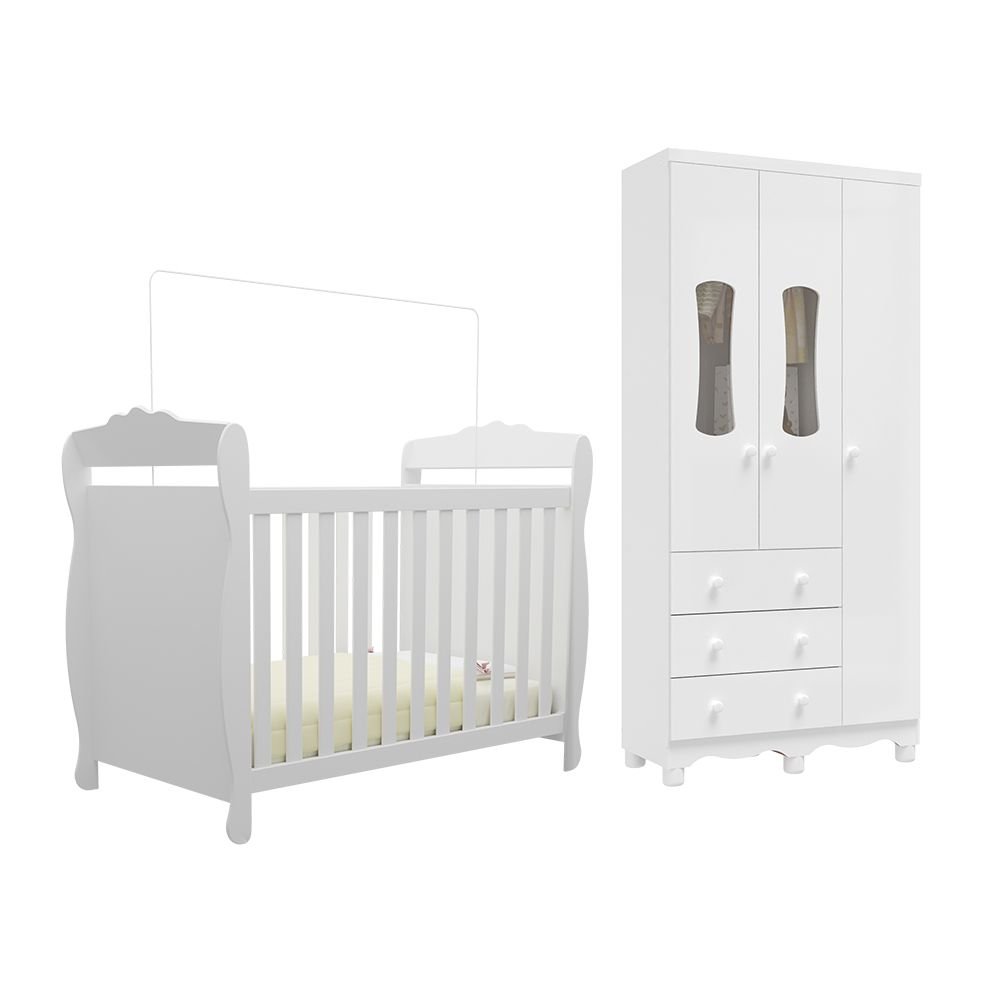 Encontraproduto.com.br - Quarto de Bebê Guarda Roupas 3 Portas com Janelas e Berço Mini Cama 100% Mdf Aurora Espresso Móveis Branco Brilho