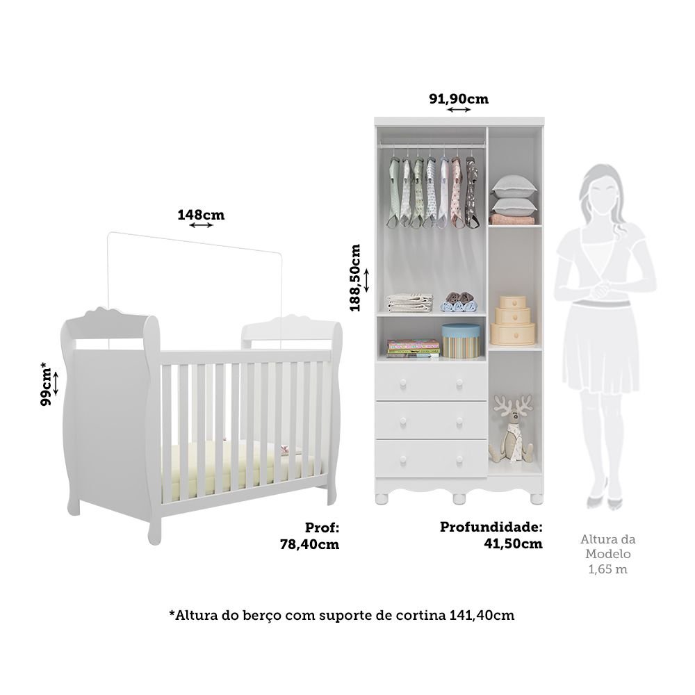 Encontraproduto.com.br - Quarto de Bebê Guarda Roupas 3 Portas com Janelas e Berço Mini Cama 100% Mdf Aurora Espresso Móveis Branco Brilho
