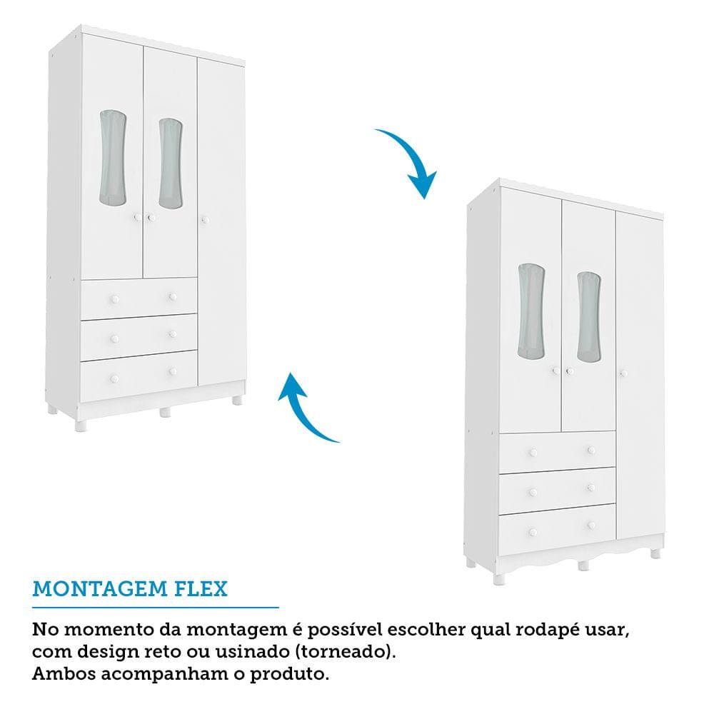 Encontraproduto.com.br - Quarto de Bebê Guarda Roupas 3 Portas com Janelas e Berço Mini Cama 100% Mdf Aurora Espresso Móveis Branco Brilho