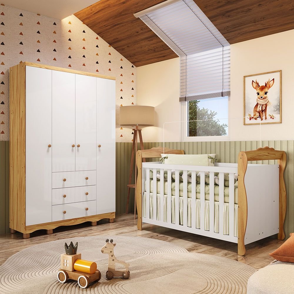 Quarto de Bebê com Guarda-Roupa 4 Portas e Berço Minicama 100% MDF Nina Espresso Móveis Branco Brilho/Amêndoa