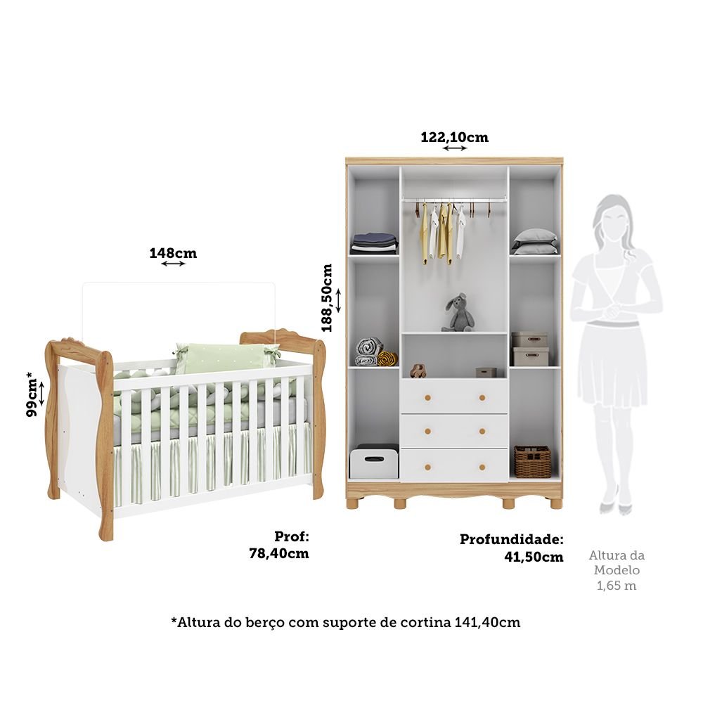 Encontraproduto.com.br - Quarto de Bebê com Guarda-Roupa 4 Portas e Berço Minicama 100% MDF Nina Espresso Móveis Branco Brilho/Amêndoa