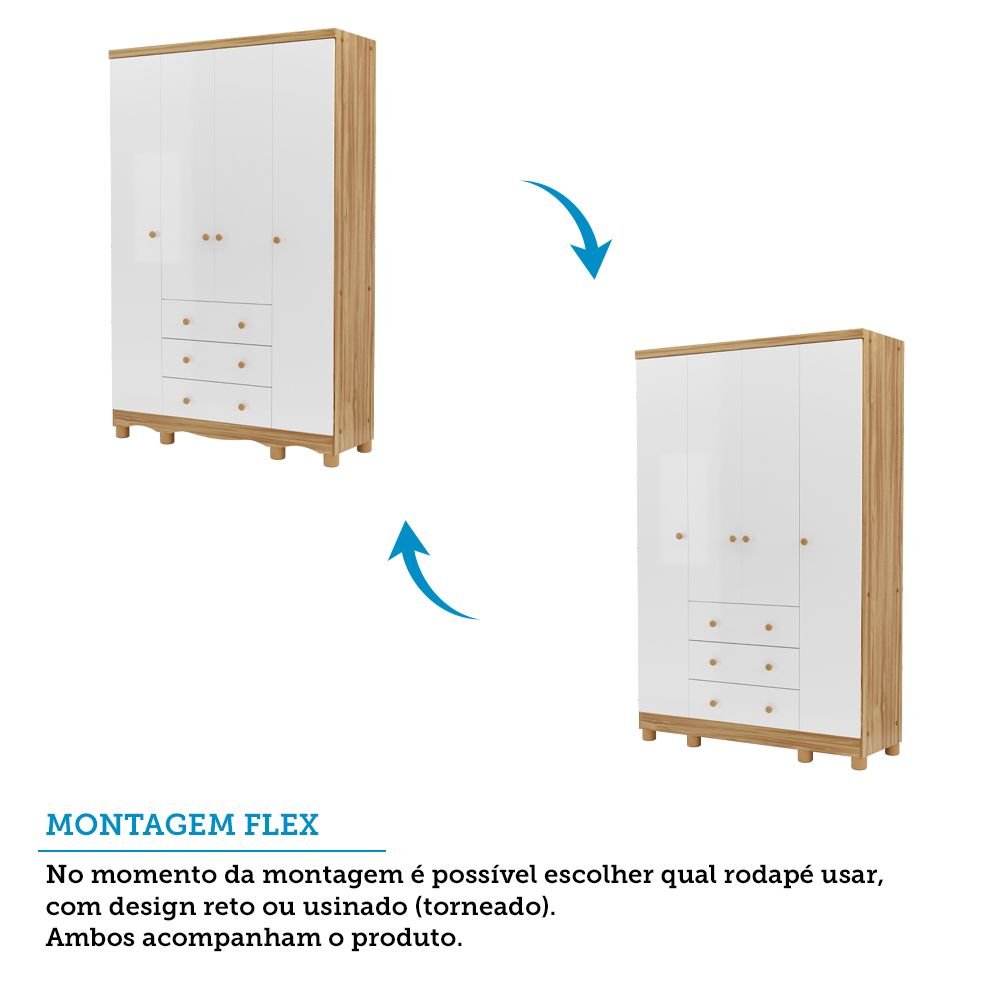 Encontraproduto.com.br - Quarto de Bebê com Guarda-Roupa 4 Portas e Berço Minicama 100% MDF Nina Espresso Móveis Branco Brilho/Amêndoa