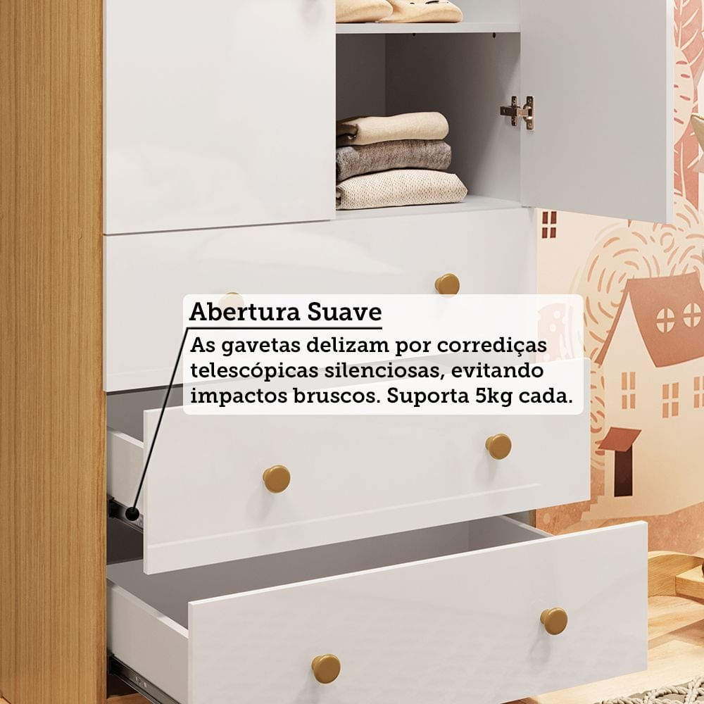 Encontraproduto.com.br - Guarda-roupa Infantil 85cm 2 Portas 3 Gavetas com Janelas e Prateleira Ezra 100% Mdf Espresso Móve Branco/Amêndoa