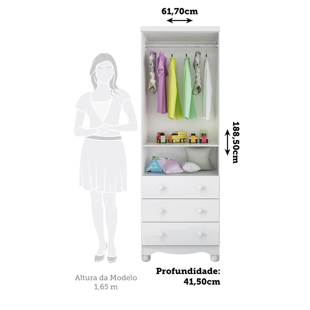 Encontraproduto.com.br - Guarda-roupa Infantil 61,7cm 2 Portas 3 Gavetas com Janelas e Pés Ezra 100% Mdf Espresso Móveis Branco Brilho