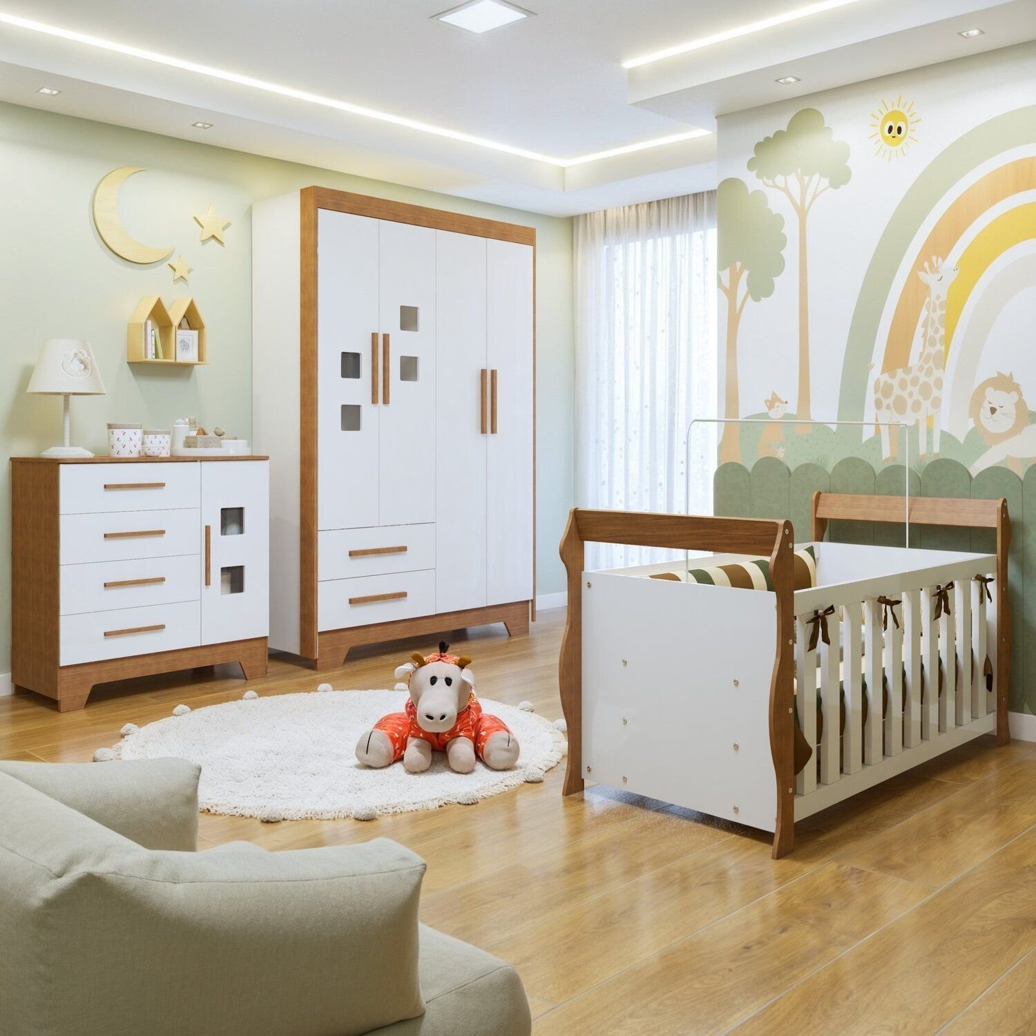 Quarto de Bebê Completo com Guarda-roupa, Berço e Cômoda Sonho Branco/Amadeirado