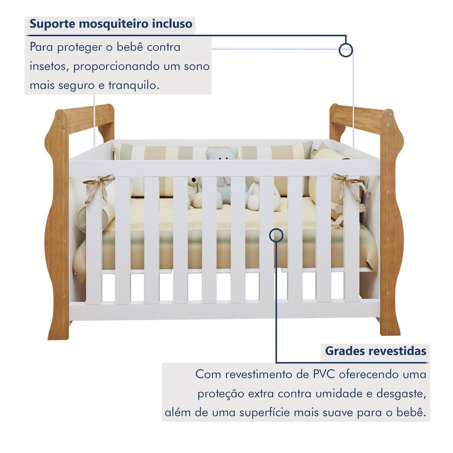 Encontraproduto.com.br - Quarto de Bebê Completo com Guarda-roupa, Berço e Cômoda Sonho Branco/Amadeirado
