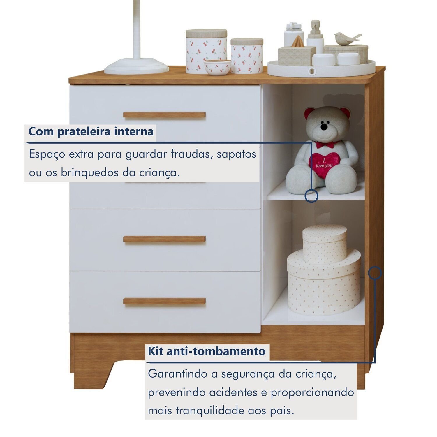 Encontraproduto.com.br - Quarto de Bebê Completo com Guarda-roupa, Berço e Cômoda Sonho Branco/Amadeirado