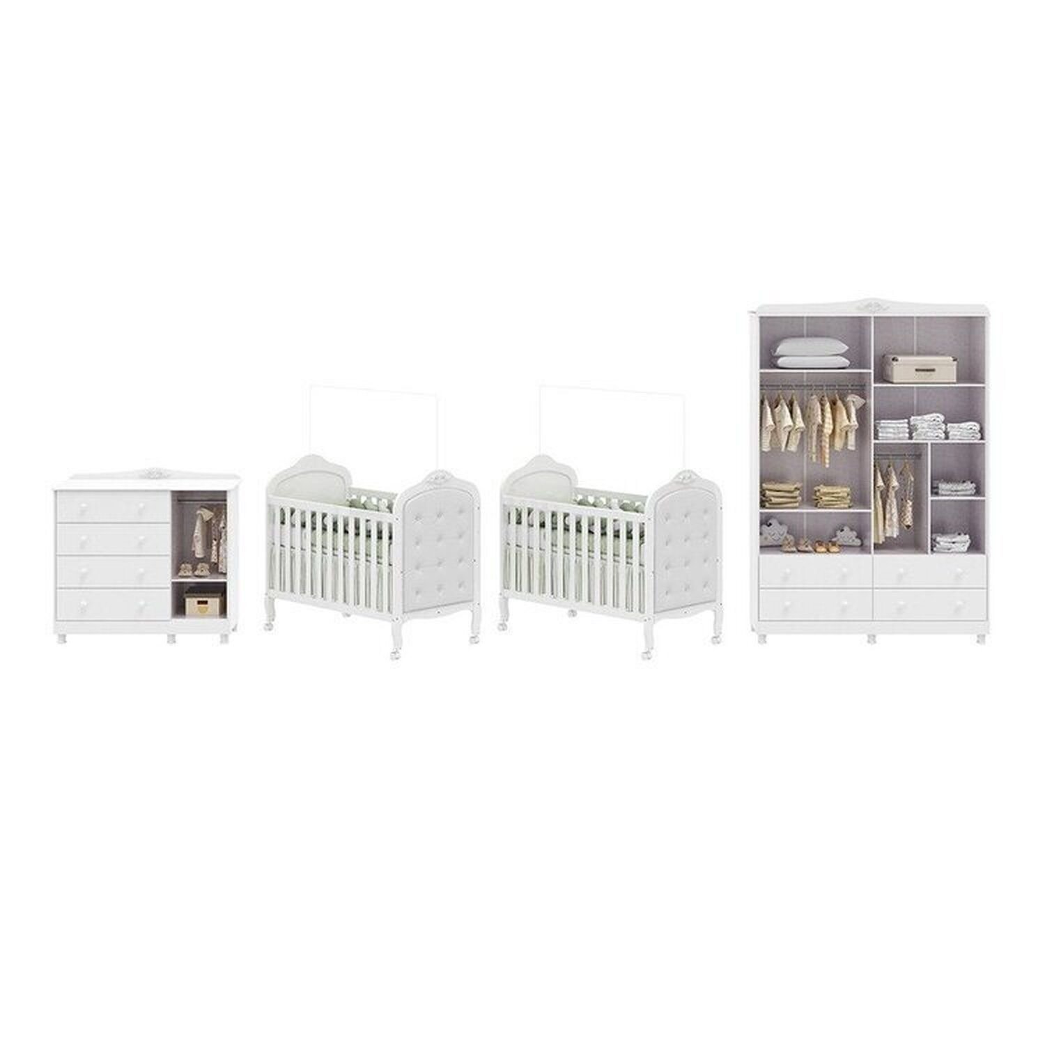 Quarto de Bebê Guarda-roupa Cômoda Janelado 2 Berços Capitonê Maya Clássico 100% Mdf Espresso Móveis Branco Brilho/Branco