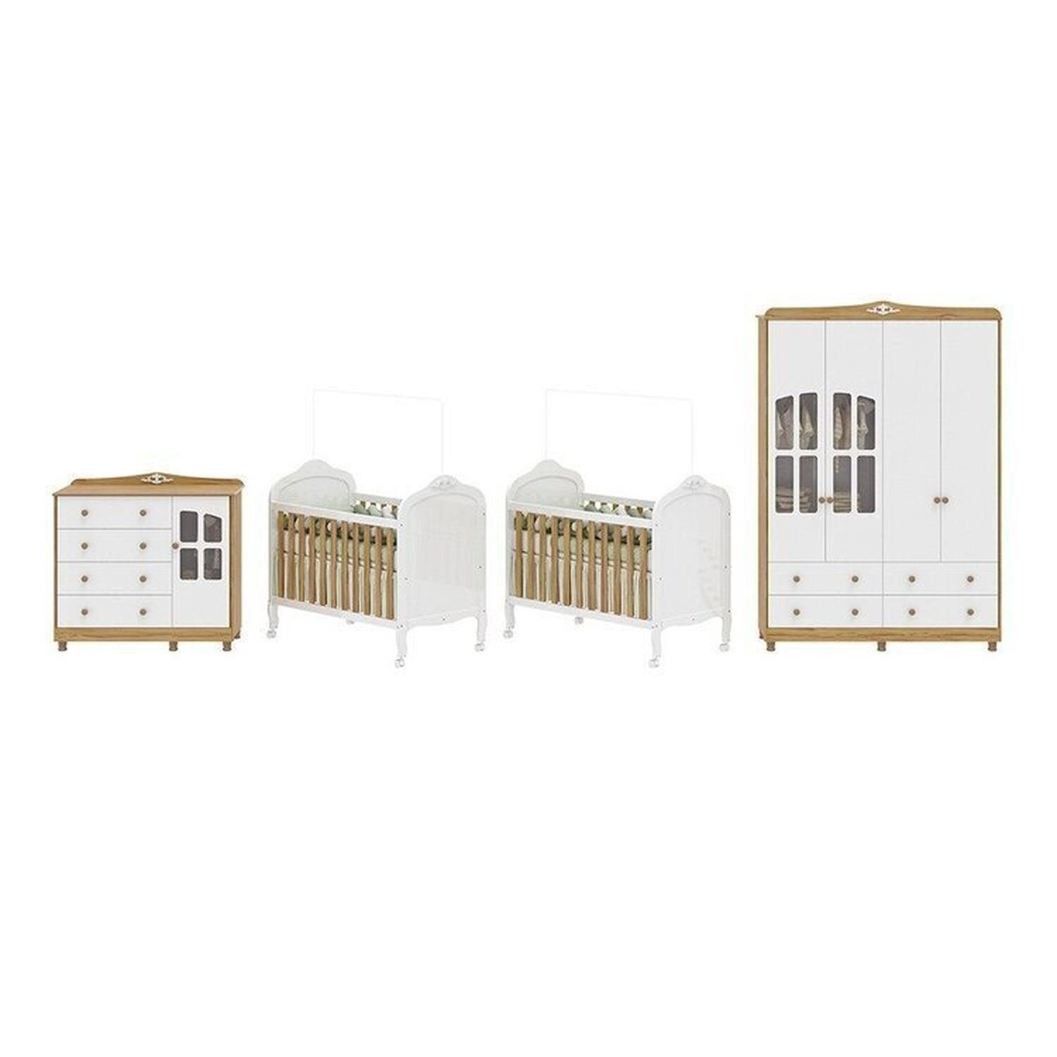 Encontraproduto.com.br - Quarto de Bebê Guarda-roupa Cômoda Janelado 2 Berços Maya Clássico 100% Mdf Espresso Móveis Branco Brilho/Amêndoa/Branco