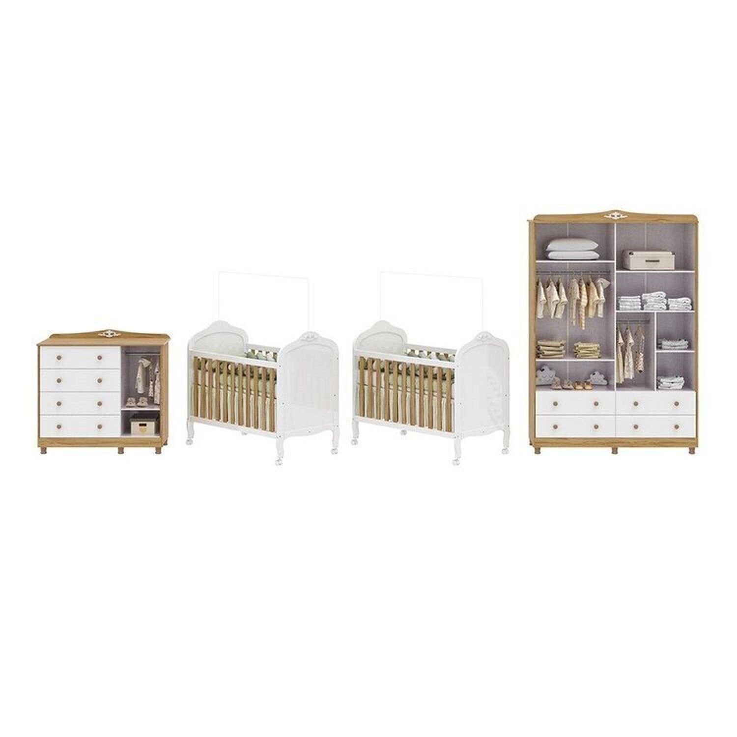 Encontraproduto.com.br - Quarto de Bebê Guarda-roupa Cômoda Janelado 2 Berços Maya Clássico 100% Mdf Espresso Móveis Branco Brilho/Amêndoa/Branco
