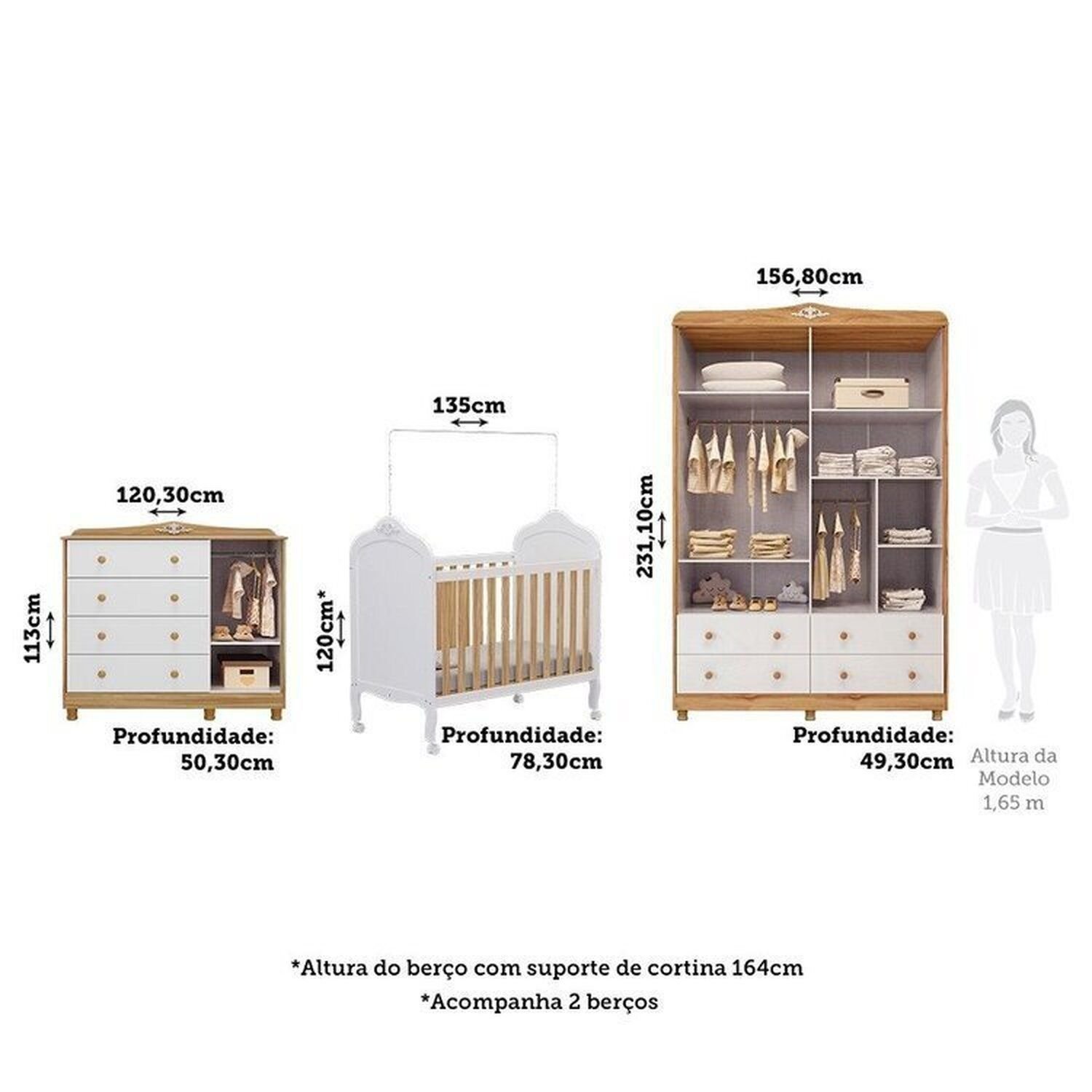 Encontraproduto.com.br - Quarto de Bebê Guarda-roupa Cômoda Janelado 2 Berços Maya Clássico 100% Mdf Espresso Móveis Branco Brilho/Amêndoa/Branco