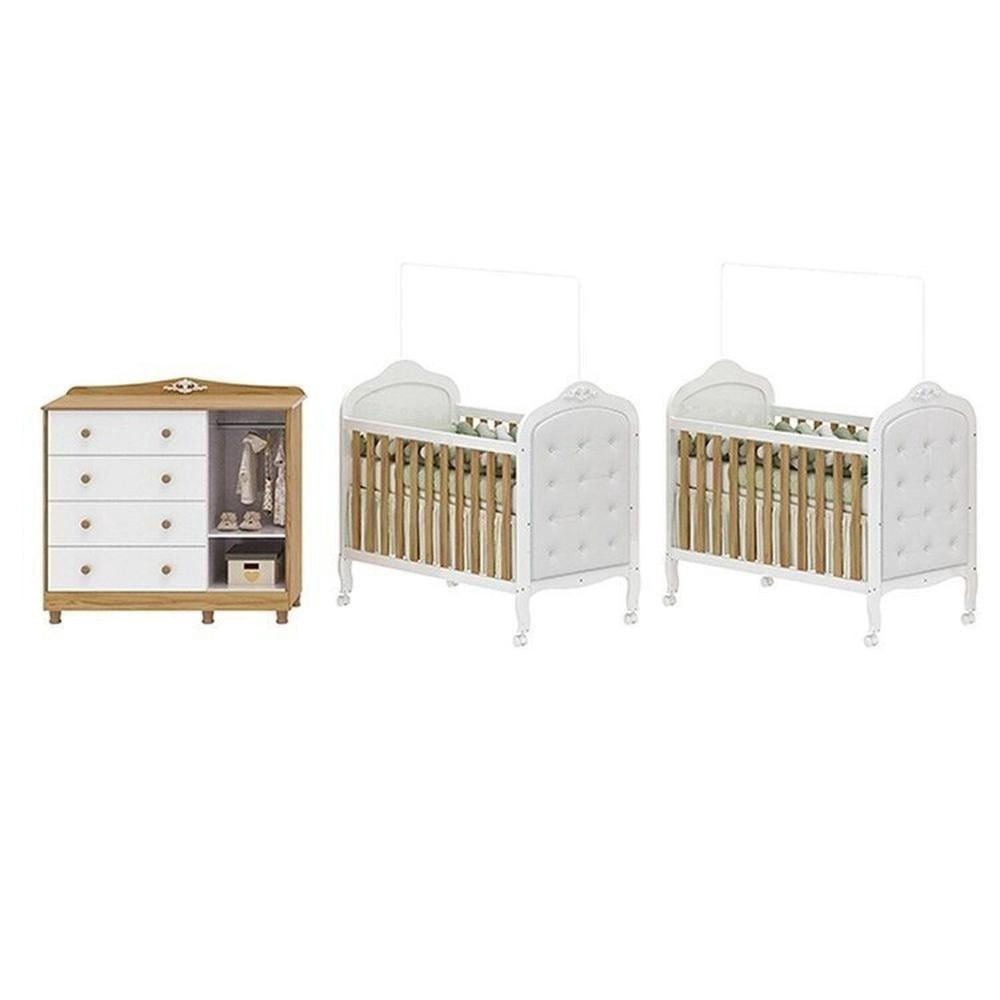 Encontraproduto.com.br - Quarto de Bebê Cômoda com Janelas e 2 Berços com Capitonê Maya Clássico 100% Mdf Espresso Móveis Branco Brilho/Amêndoa/Branco
