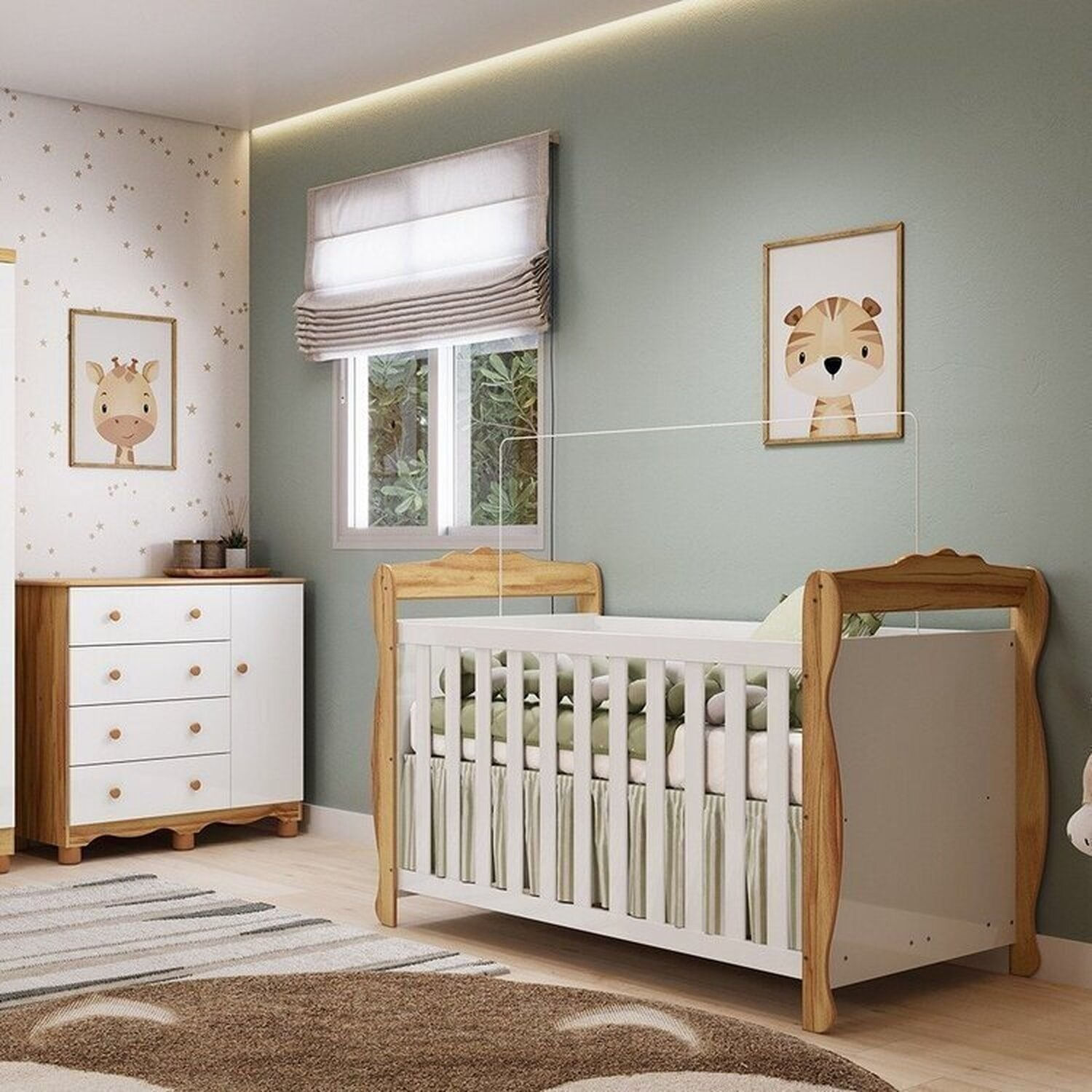 Quarto de Bebê com Berço Americano e Cômoda 1 Porta Nina Espresso Móveis Branco Brilho/Amêndoa